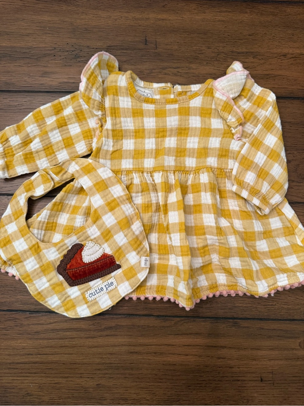 Mud Pie Yellow Gingham Thanksgiving Dress and Bib